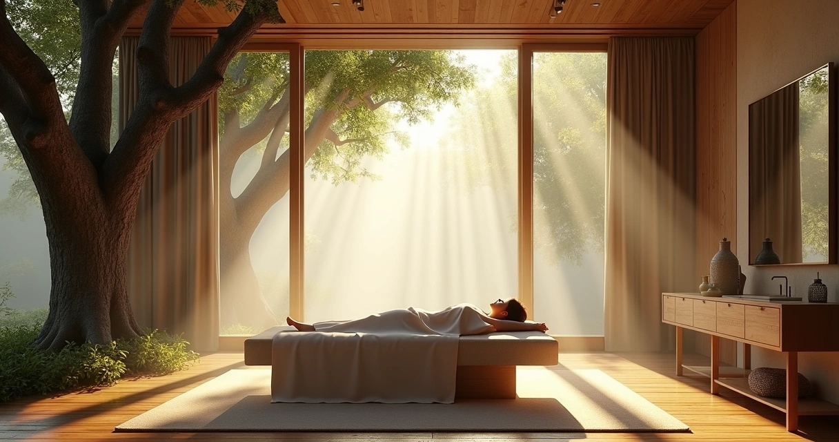 Pessoa relaxando em spa cercado por árvores e luz natural 