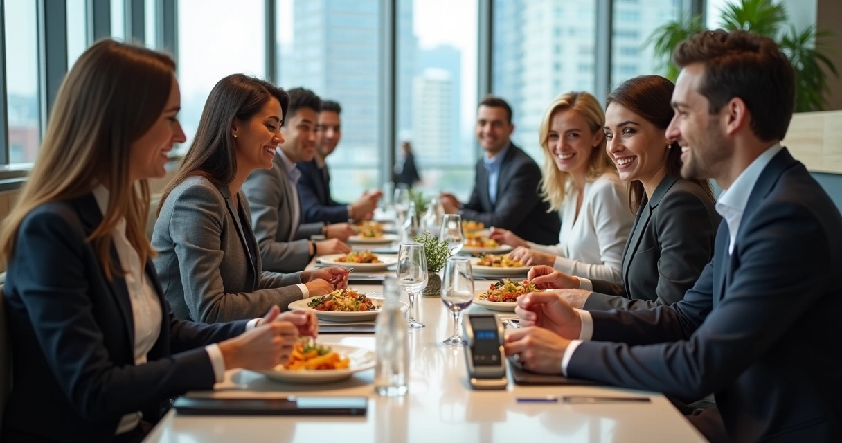 Grupo de profissionais almoçando em restaurante com vale-refeição 