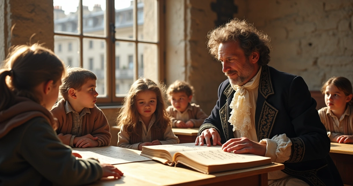 Valentin Haüy ensinando crianças cegas em sala de aula, Paris, século XVIII