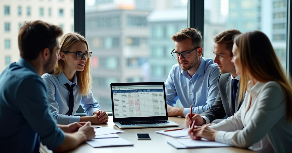 Equipe analisando planilha de contatos ao redor de notebook 
