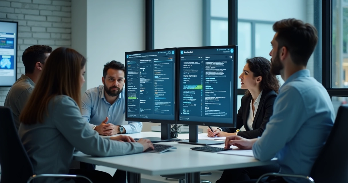 Equipe analisando base de dados corporativos em computadores 