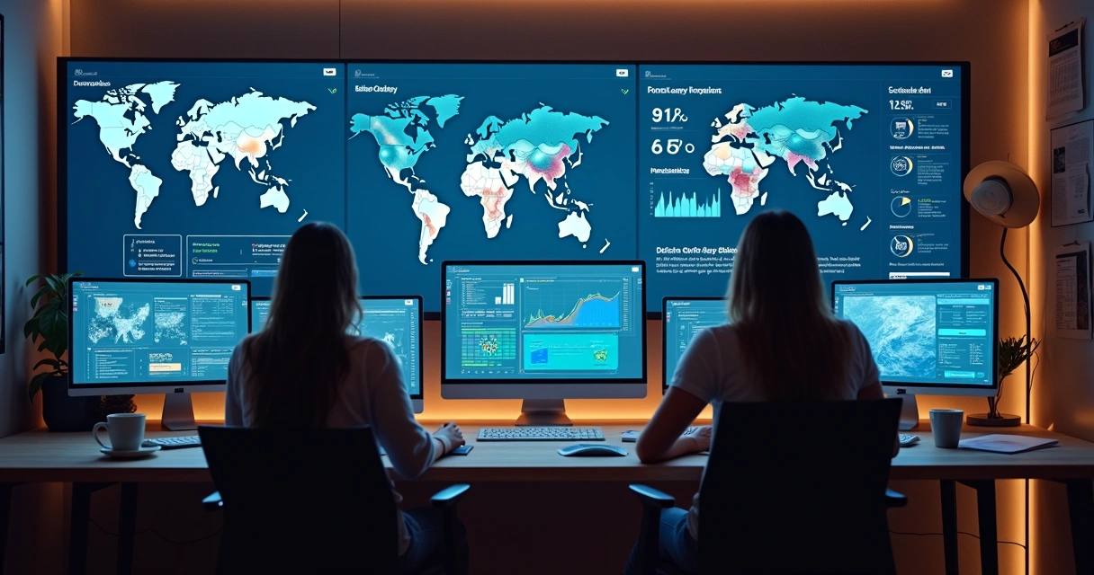 Equipe em escritório analisando grandes telas com gráficos e base de dados 