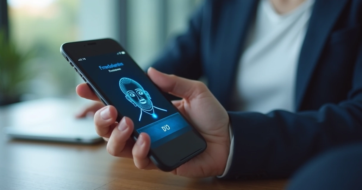Pessoa usando celular com verificação biométrica facial na tela 