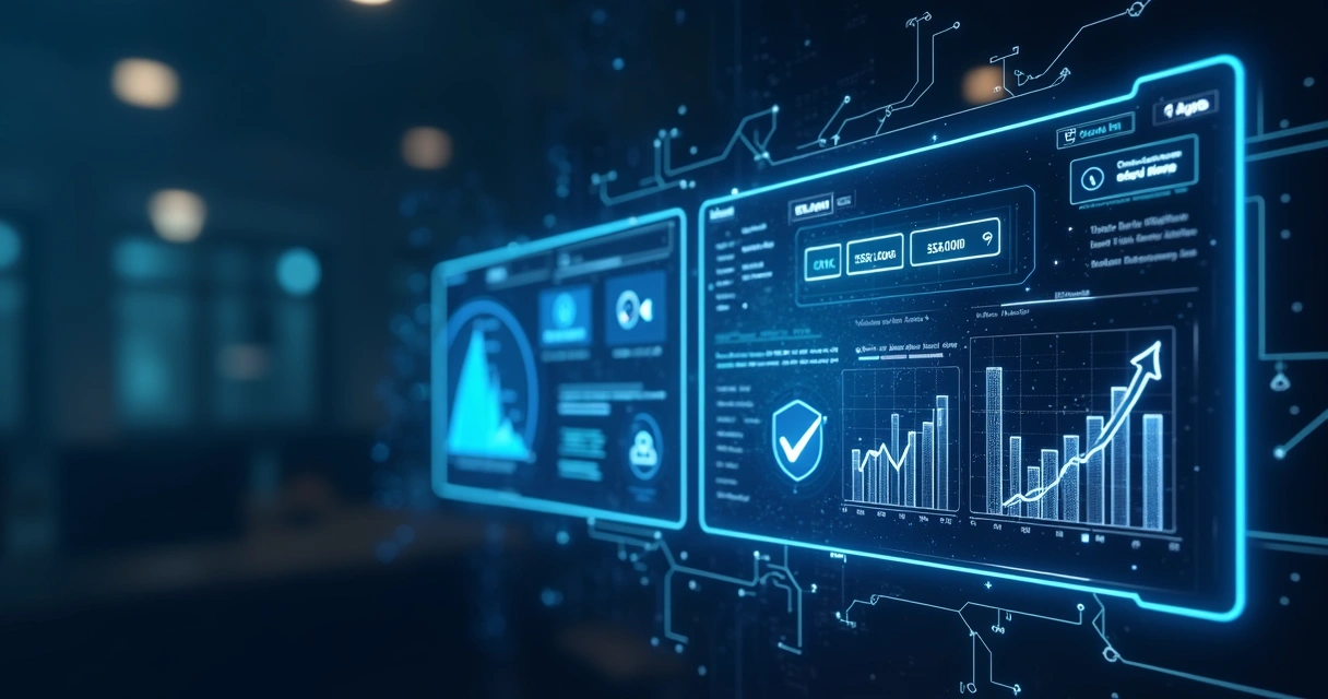 Interface digital mostrando validação automática de dados cadastrais com gráficos e ícones tecnológicos 