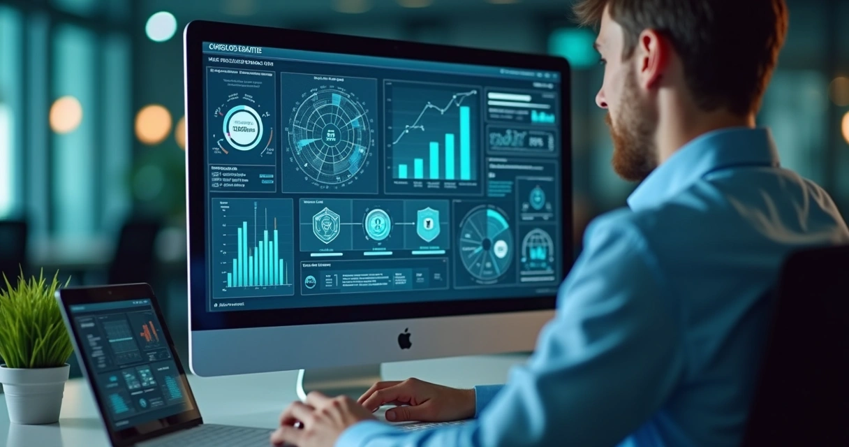 Pessoa analisando dados cadastrais em tela de computador com gráficos e ícones de segurança digital 