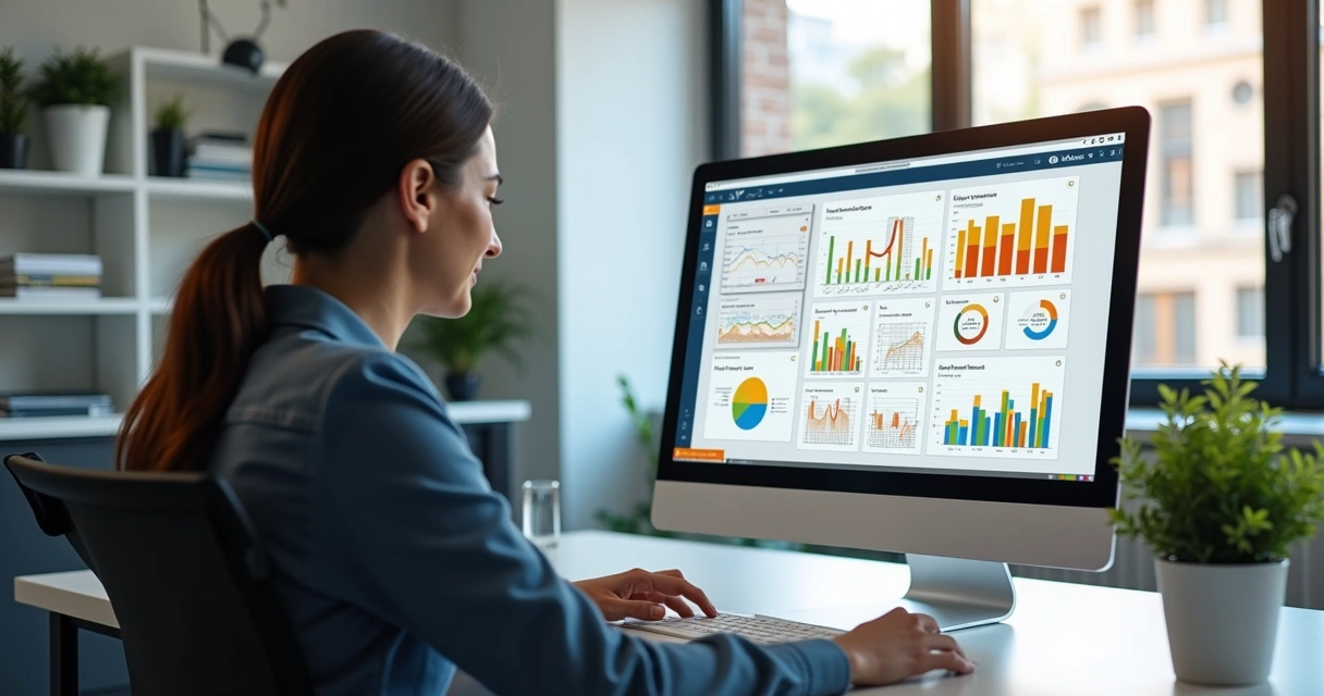 Pessoa utilizando computador com gráficos de validação cadastral e dados fiscais na tela do sistema, ambiente corporativo organizado 