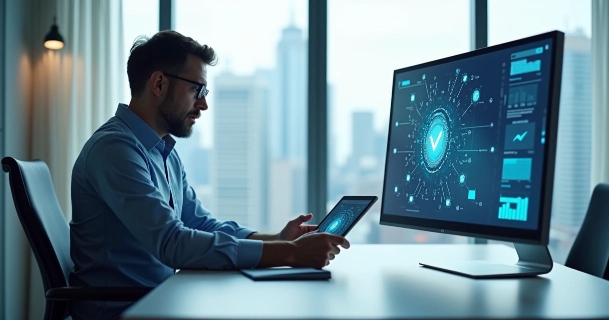 Gestor revisando documentos digitais de cadastro em escritório moderno 