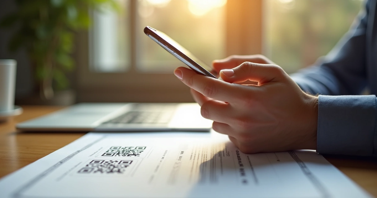 Pessoa validando certidão digital com smartphone em QR code 