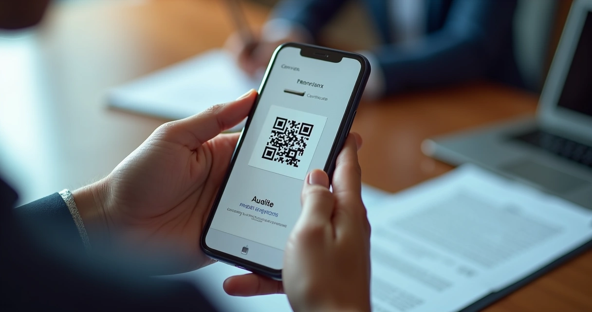 Pessoa usando smartphone para escanear QR code em certificado durante auditoria 
