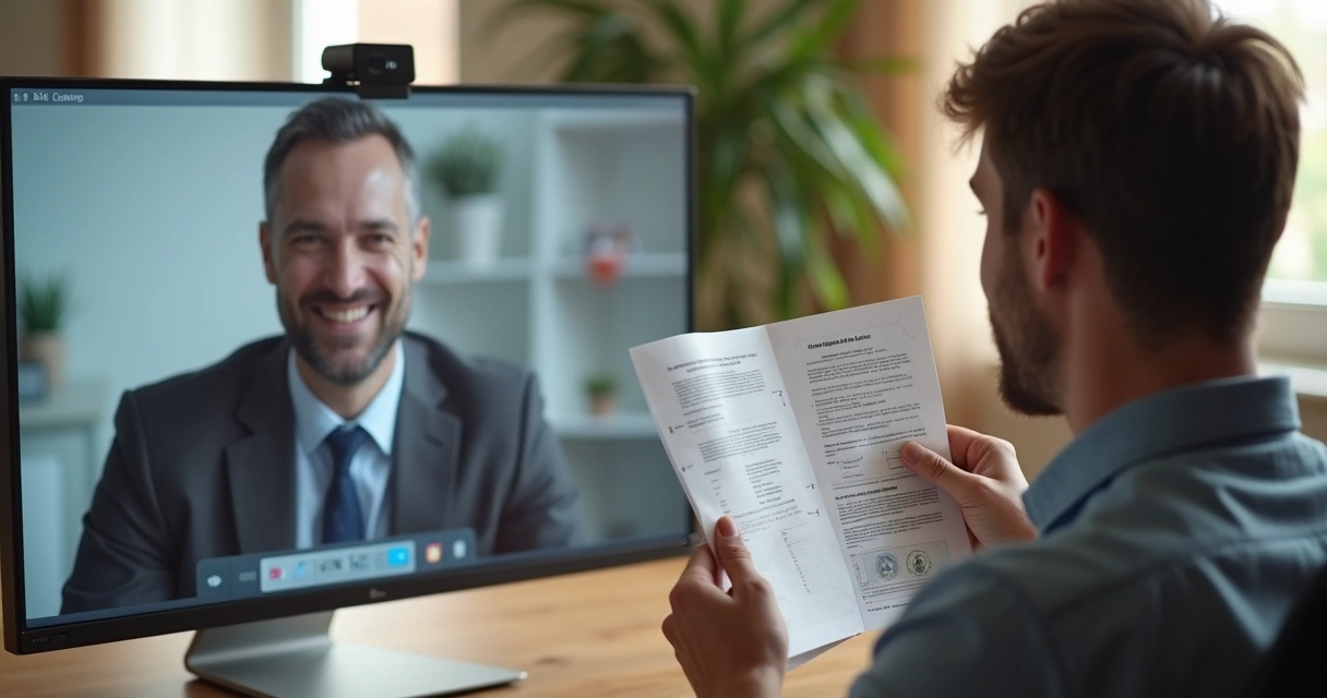 Pessoa em videoconferência validando documentos em computador 