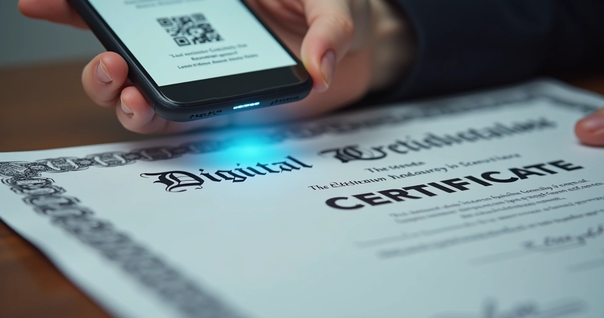 Pessoa utilizando smartphone para escanear QR code em certificado digital