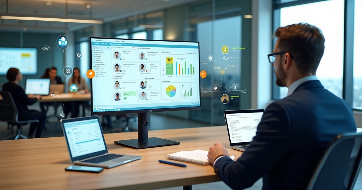 Gestor avaliando competências de equipe em plataforma EAD com dashboards e certificados digitais 