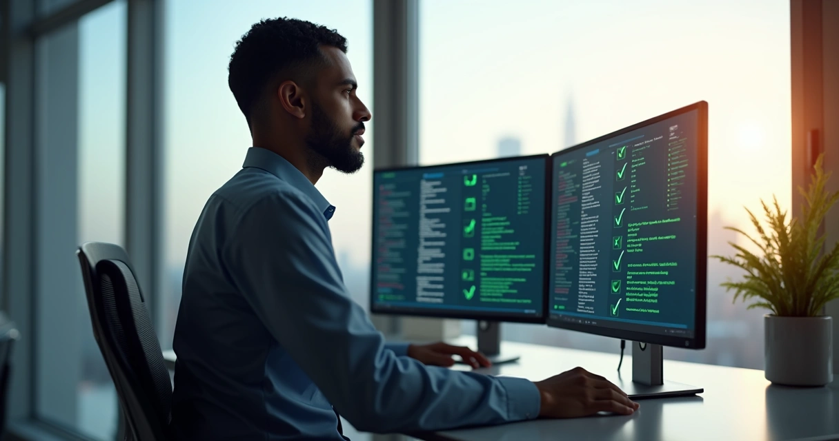 Como Comprar Leads Qualificados sem Riscos para sua Empresa 4 Analista de dados conferindo dados validados em telas de computador