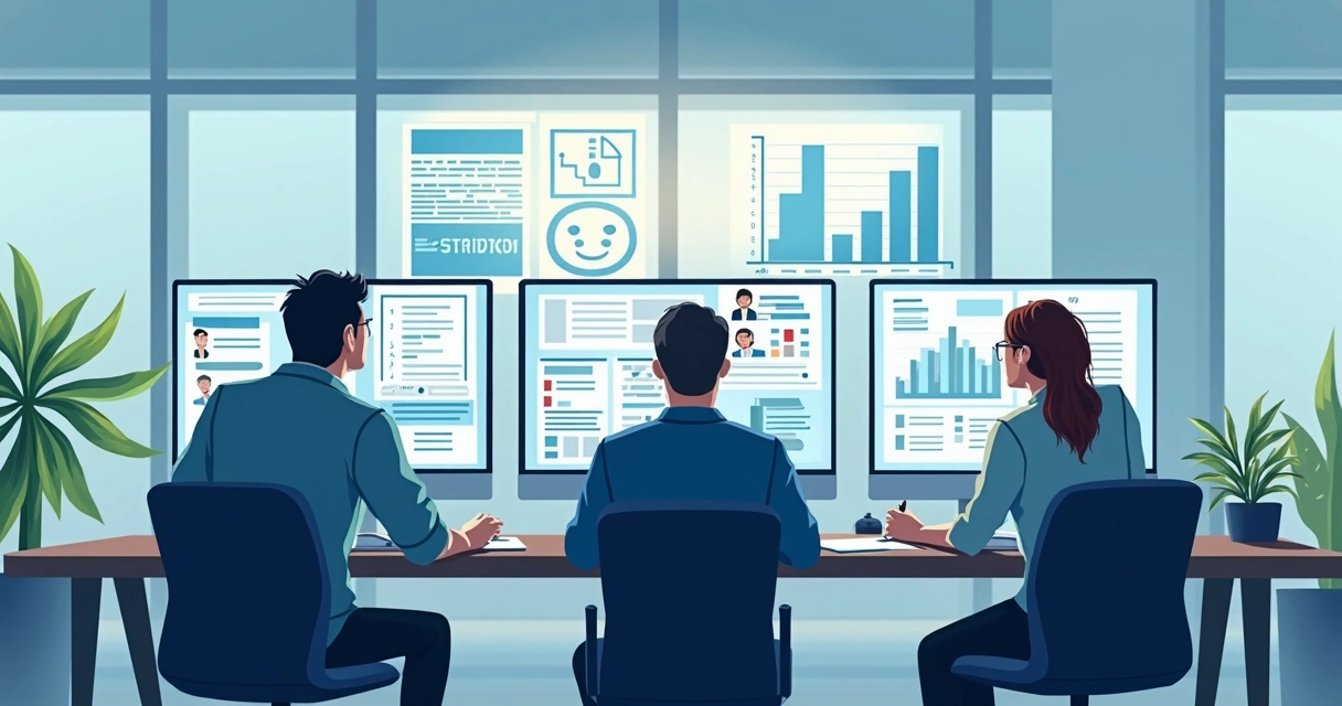 Equipe analisando banco de dados em computadores 