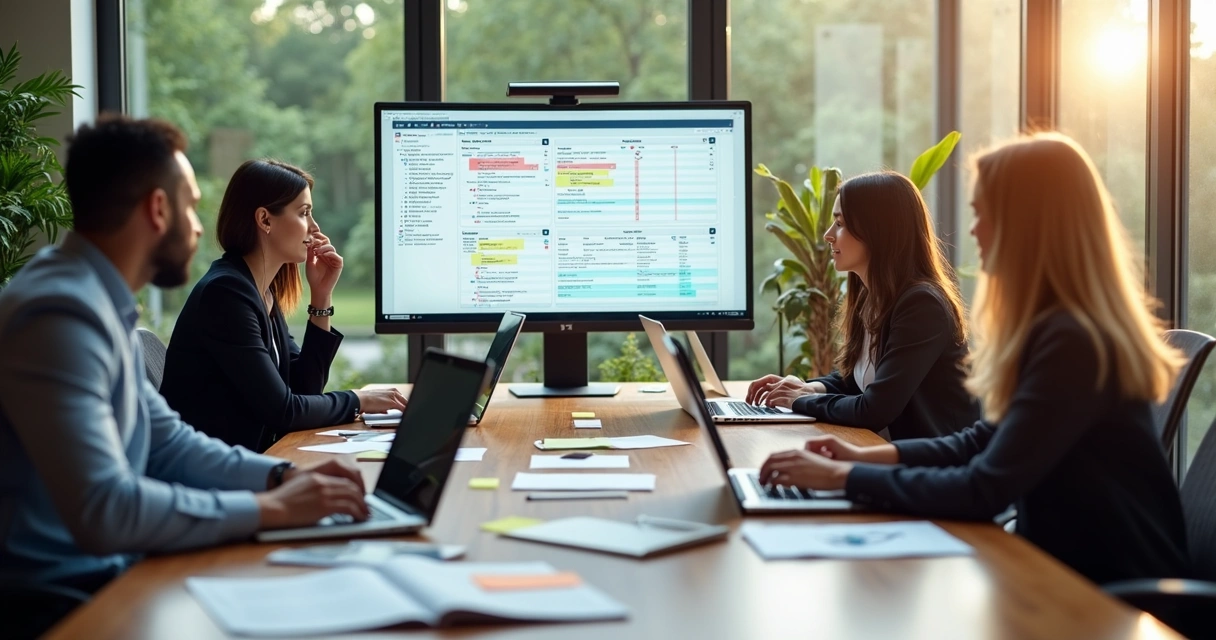 Equipe conferindo dados em tela de computador 