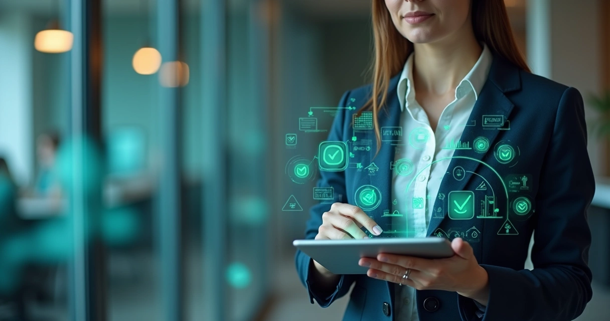 Profissional conferindo dados digitais em tablet com checagens visuais de aprovação 