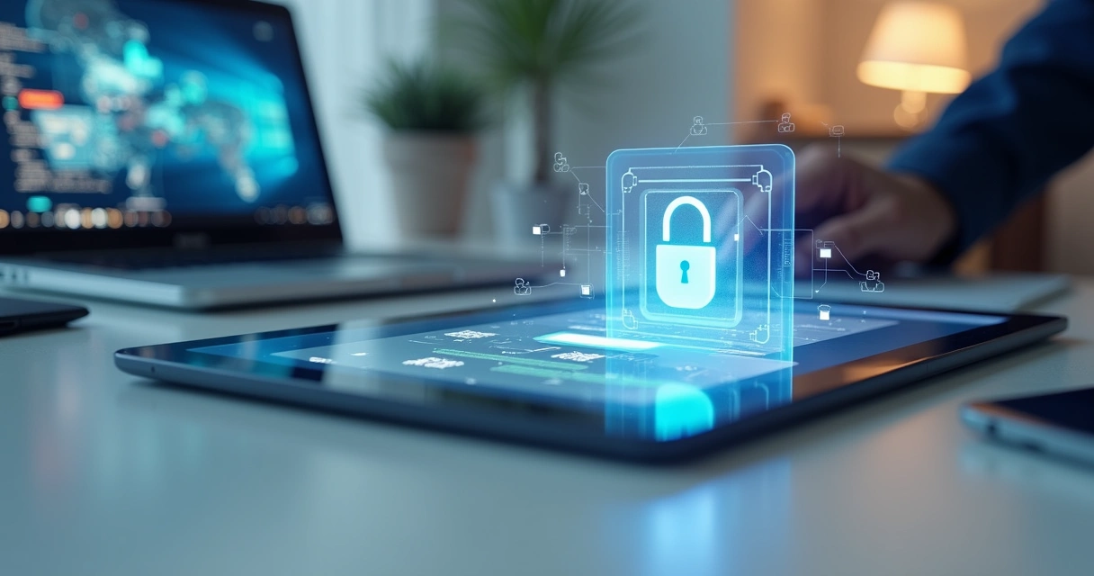 Tablet exibe RG digital ao lado de computador, ambos em escritório moderno