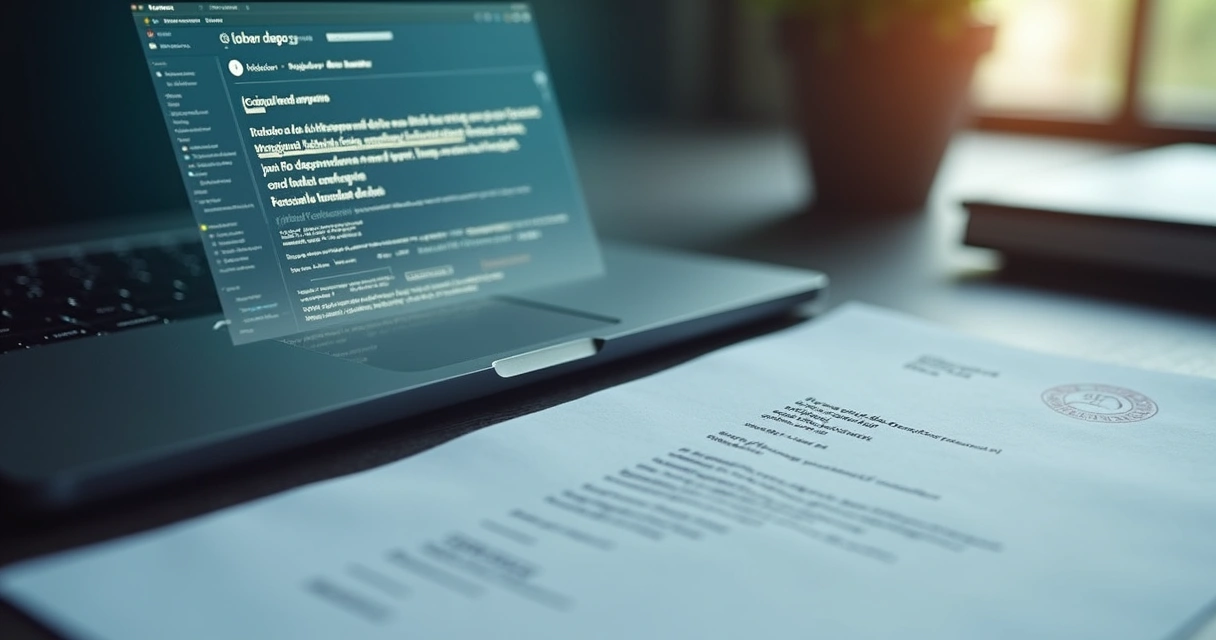 Laudo técnico digital exibido na tela de um notebook e documento físico ao lado 