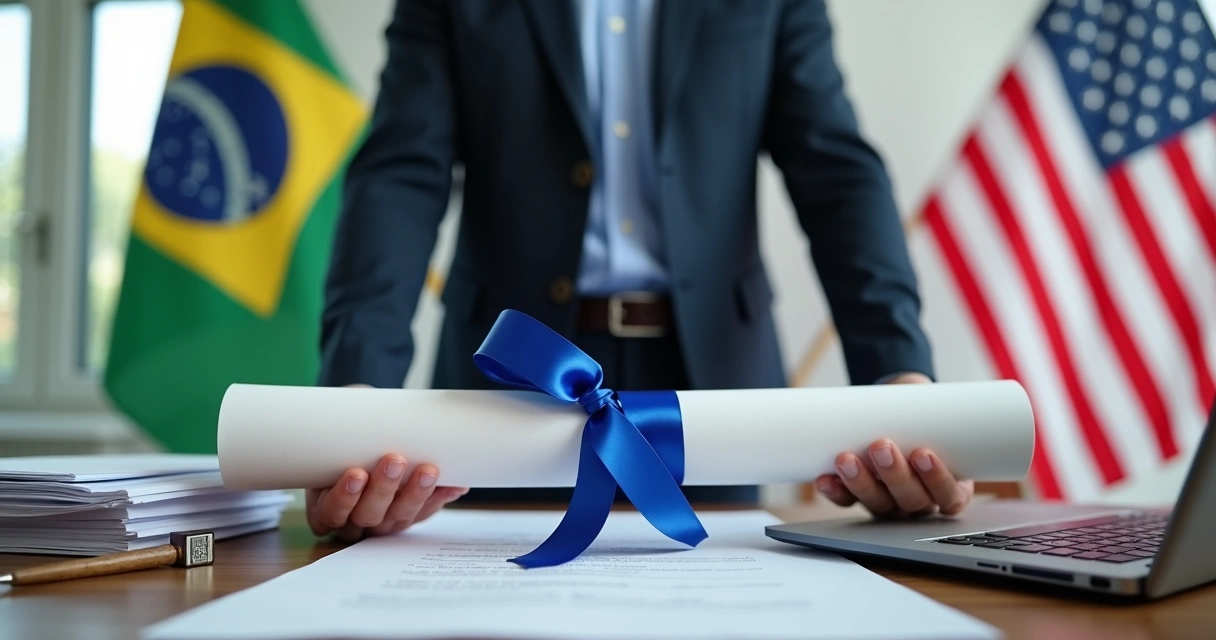 Brasileiro segurando diploma com bandeiras do Brasil e dos EUA ao fundo 