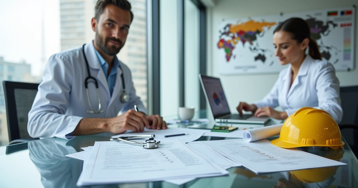 Profissional de saúde e engenheiro analisando documentos de validação de diploma no exterior 