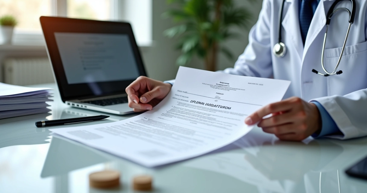 Profissional de medicina diante de uma pilha de documentos acadêmicos. 