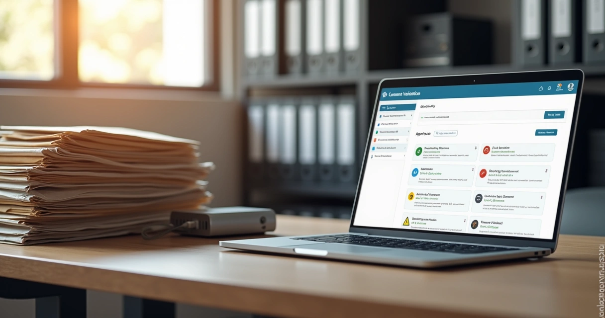 Tela de LMS com documentos sendo validados ao lado de arquivo físico organizado 