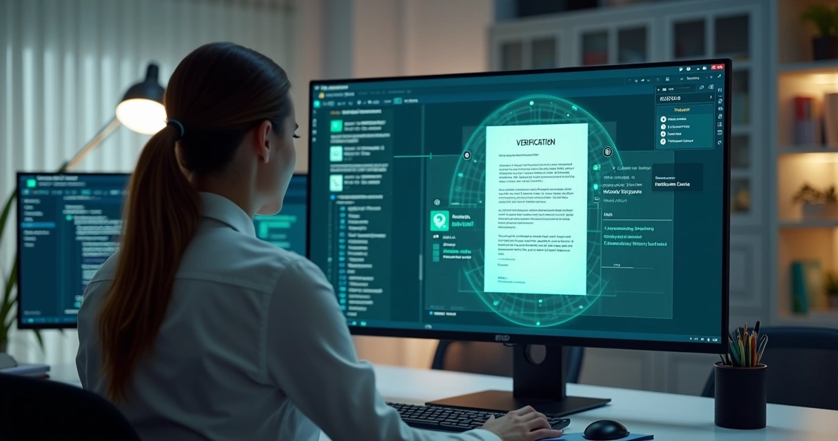 Profissional validando documento digital em painel seguro