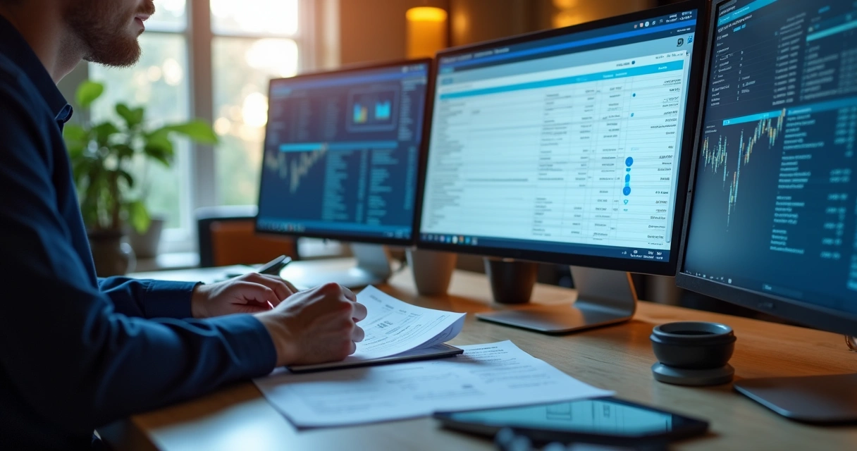 Profissional revisando documentos fiscais e registros em computador 