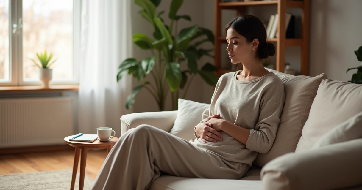 Pessoa sentada no sofá com a mão no peito em atitude de autocuidado 