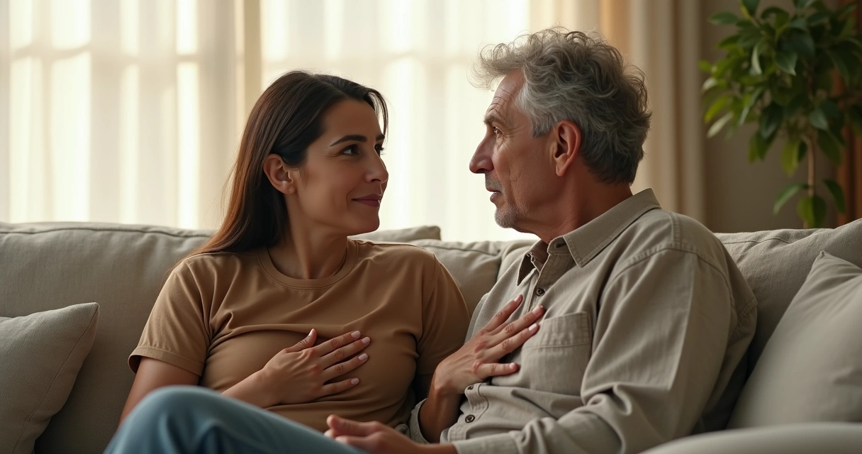 Pessoa ouvindo outra com atenção em conversa acolhedora no sofá 