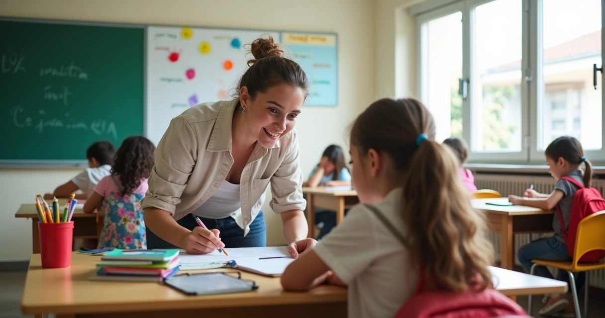 Professora acolhendo emocionalmente aluna em sala de aula com turma ao fundo 