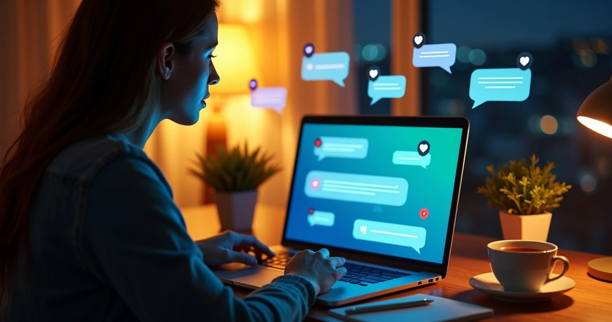 Pessoa em frente ao notebook recebendo mensagens de apoio em chat online noturno 