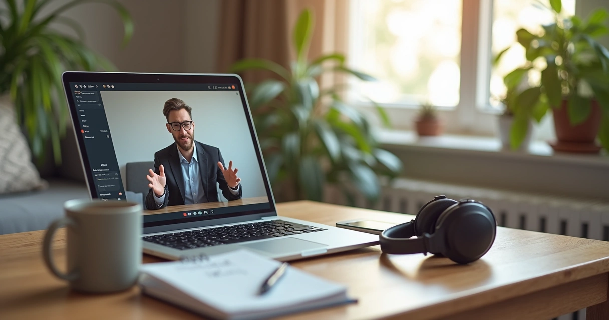 Gestor em videochamada ouvindo colaboradora em home office com expressão atenta 