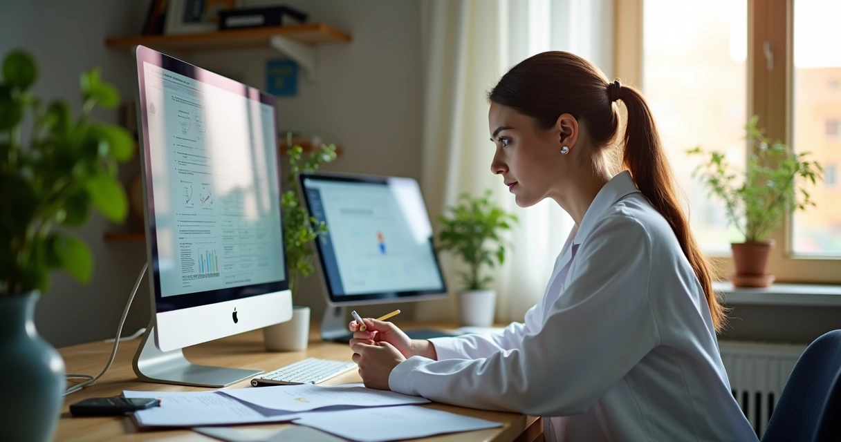Nutricionista analisando artigos científicos em tela de computador 