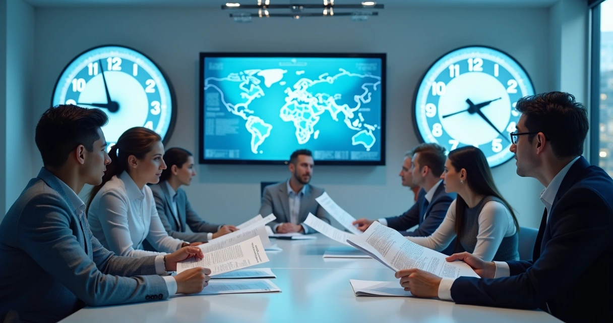 Equipe analisando eventos com documentos e telas de computador ao fundo 