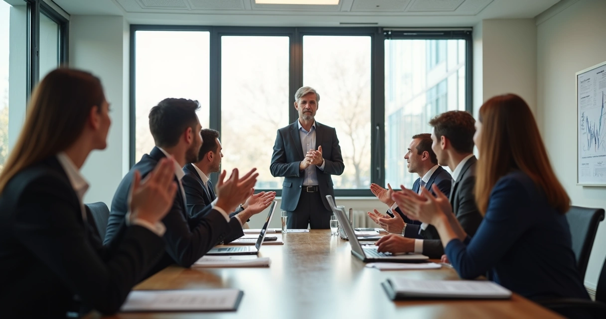 Pessoa em uma sala de reunião sendo aplaudida por colegas