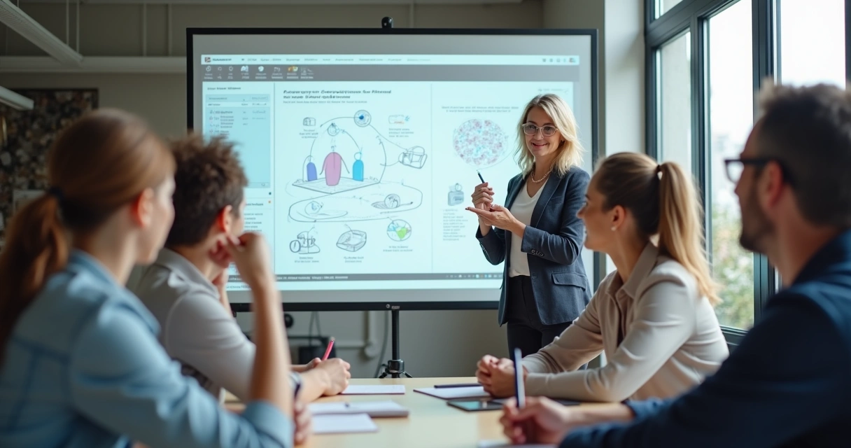 Mulher apresentando ideia digital para pequeno grupo 