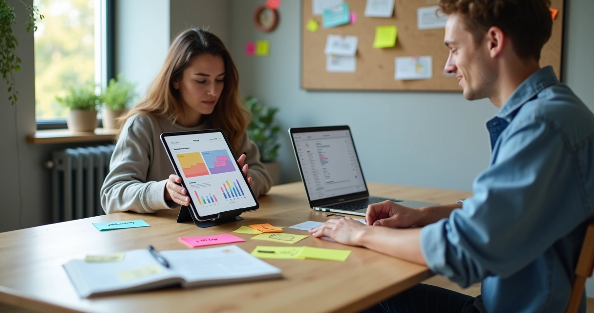 Empreendedora testando protótipo digital em mesa organizada com post-its e tablet 