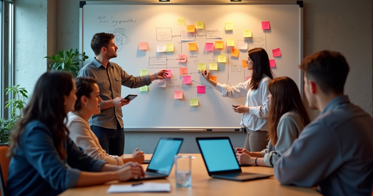 Quadro branco com fluxogramas, post-its coloridos e telas de software sendo analisadas 