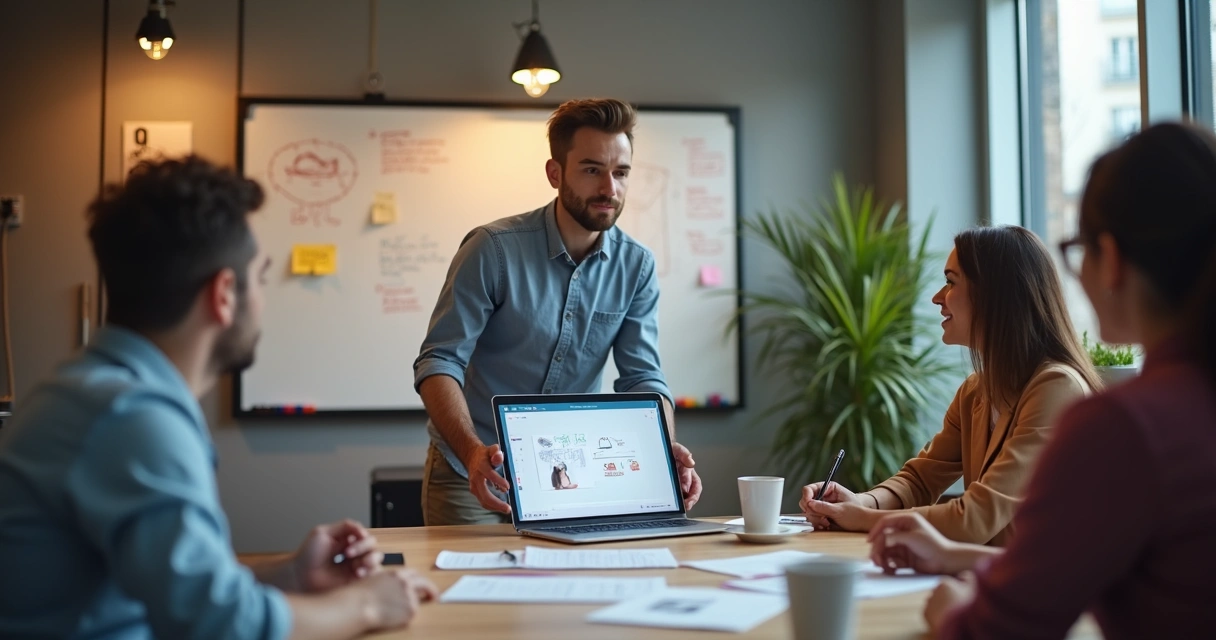 Empreendedor mostrando esboço de aplicativo digital na tela do notebook 