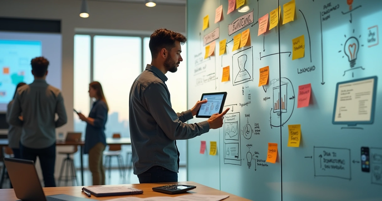 Empreendedor analisando validação de ideia de negócio em quadro com post-its e gráficos 