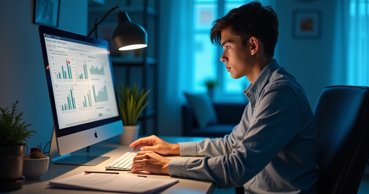 Pessoa analisando dados na tela do notebook 