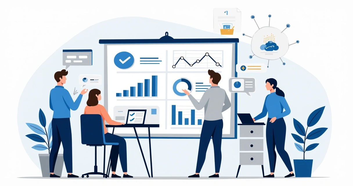 Ilustração corporativa de profissionais analisando gráficos e ideias em tela digital para validação de projeto SaaS 
