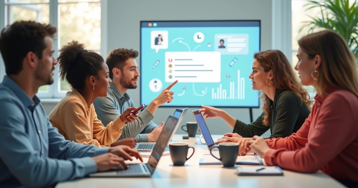 Membros de uma comunidade online interagindo em notebooks e celulares 