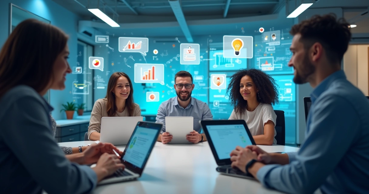 Pessoas colaborando e discutindo ideias em uma comunidade online digital com gráficos e comentários visíveis 