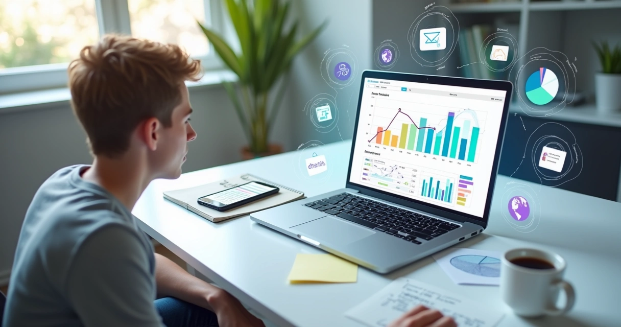 Empreendedor analisando gráficos digitais em notebook com ícones de ferramentas gratuitas ao redor 