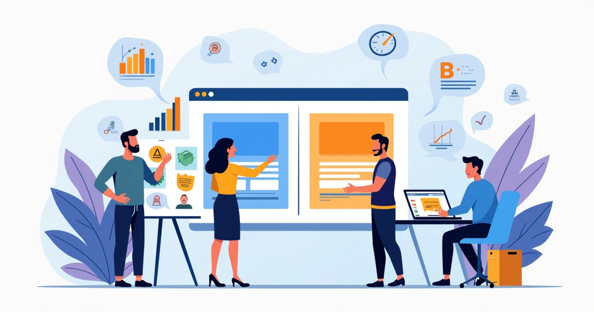 Equipe analisando ideias de negócio em teste A/B com landing pages em tela gigante 