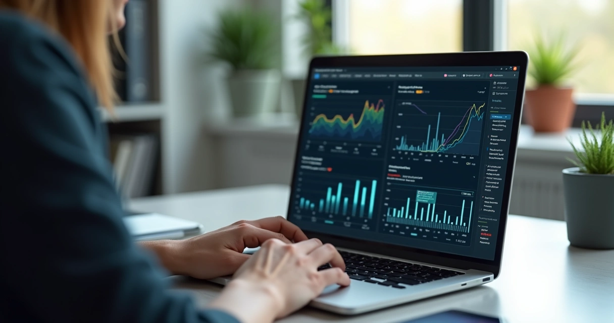 Persona usando una laptop con la pantalla mostrando análisis de datos y un chatbot de IA al lado, en un entorno de oficina moderno con tonos neutros y luz natural.