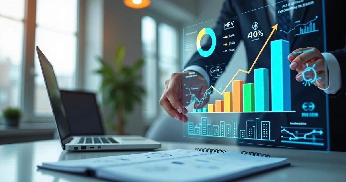 Pessoa analisando dados em tela digital com gráficos de validação de ideias e MVPs para 2025 