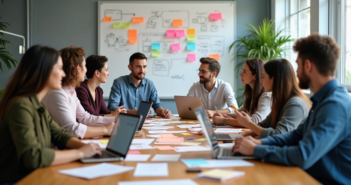 Grupo analisando ideias de negócios numa reunião de mesa redonda 